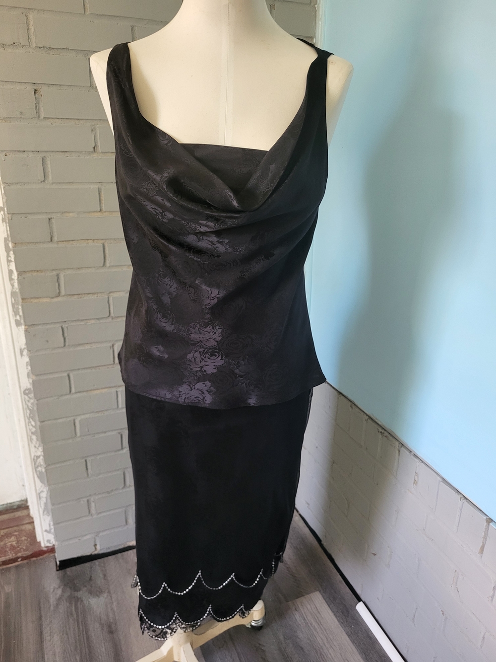 Yigal Azrouel Black Satin-Blend Midi Skirt Set with Scalloped Bead Hem